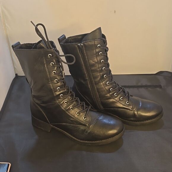 ROUGE HELIUM WOMEN' ROUND TOE MILITARY LACE UP KNIT ANKLE CUFF  HEEL COMBAT BOOT - Picture 5 of 14